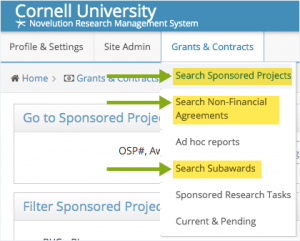 Three search options highlighted in Grants & Contracts menu.