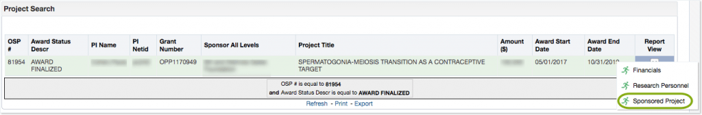 Sponsored Project link in Report View menu.