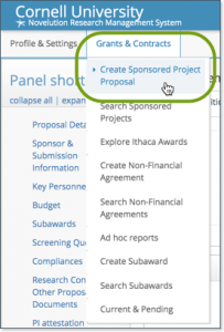 From Grants & Contracts menu, choose Create Sponsored Project Proposal